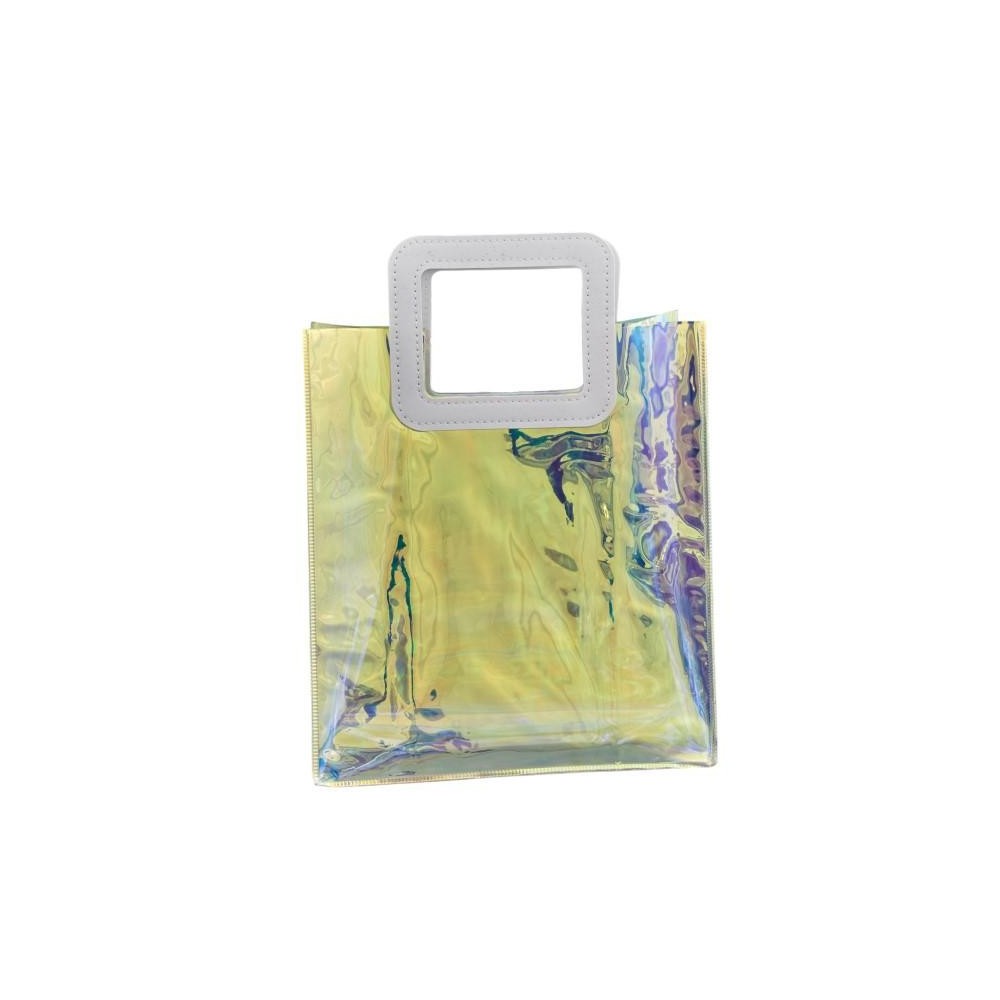 BUSTA PVC IRIDESCENTE CON MANICO DI PELLE H27X25X13